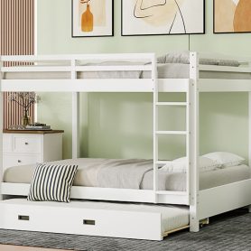 Wood Queen Size Bunk Bed with Ladder and Trundle