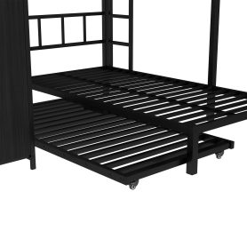 Metal Full Over Twin Bunk Bed With Built-in Wardrobe, Trundle, Foldable Desk, Ladders