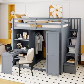 Wooden Full Size Loft Bed with Wardrobe, Desk and Shelves