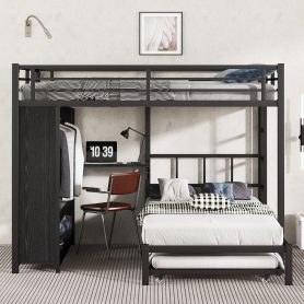Metal Queen Over Twin Bunk Bed With Built-in Wardrobe, Trundle, Foldable Desk, Ladders 36 Metal Queen Over Twin Bunk Bed With Built-in Wardrobe, Trundle, Foldable Desk, Ladders