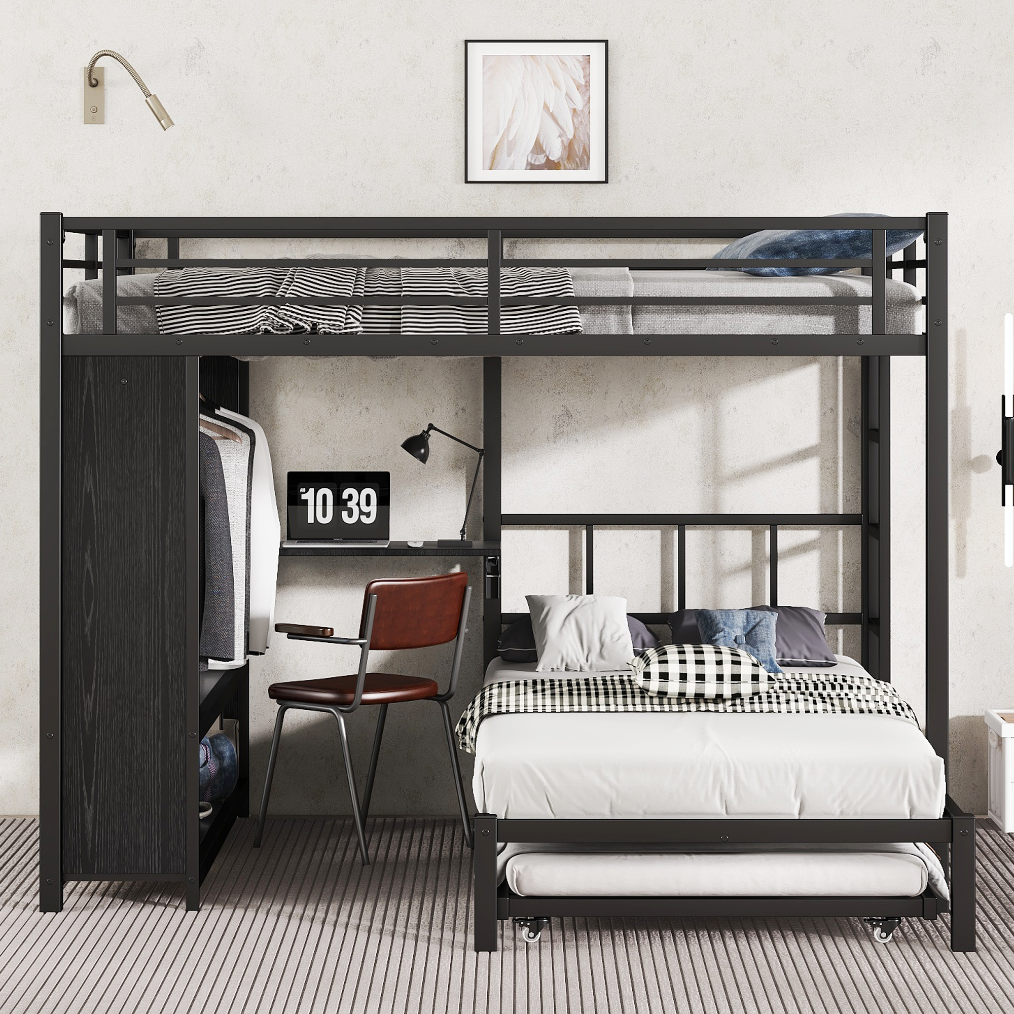 Metal Queen Over Twin Bunk Bed With Built-in Wardrobe, Trundle, Foldable Desk, Ladders 19 Metal Queen Over Twin Bunk Bed With Built-in Wardrobe, Trundle, Foldable Desk, Ladders