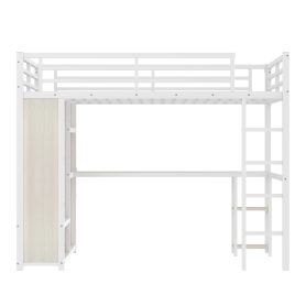 Metal Queen Size Loft Bed With Built-in Wardrobe, Desk And Storage Shelves