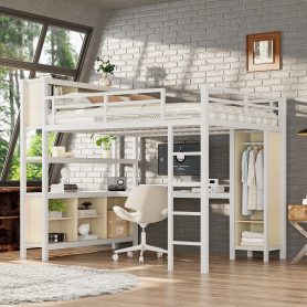 Metal Queen Size Loft Bed With Wardrobe, L-shaped Desk, Storage Cubes And Shelve