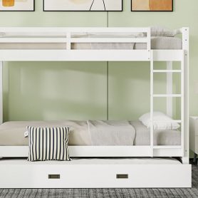 Wood Queen Size Bunk Bed with Ladder and Trundle