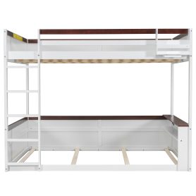 Queen Size Wooden Bunk Bed with Built-in Shelves, Storage Box, LED Light and USB Charging Station