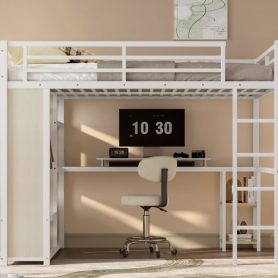 Metal Queen Size Loft Bed With Built-in Wardrobe, Desk And Storage Shelves