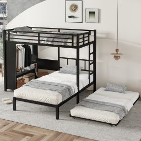 Metal Twin Over Twin Bunk Bed With Built-in Wardrobe, Trundle, Foldable Desk, Ladders