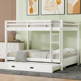 Wood Queen Size Bunk Bed with Ladder and Trundle