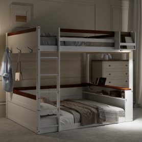 Queen Size Wooden Bunk Bed with Built-in Shelves, Storage Box, LED Light and USB Charging Station