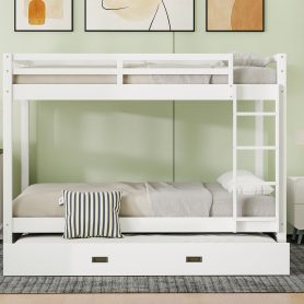 Wood Queen Size Bunk Bed with Ladder and Trundle