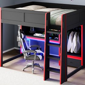 Wood Full Size Gaming Loft Bed With Built-in Desk, Wardrobe, Led And A Drawer