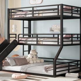 Metal Twin Over Twin Over Full Bunk Bed With Slide and Safety Guardrails
