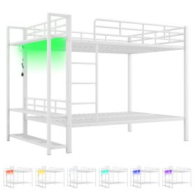 Full Size Metal Bunk Bed With Storage Mesh Shelves, Clothes Hooks And LED Light