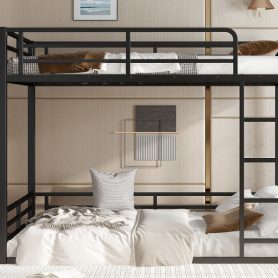 Metal Bunk Bed, Full Xl Over Full Xl Floor Bunk Bed Frame,heavy-duty Bunk Bed For Kids, Teens, Adults, Noise-reduced Design, Black