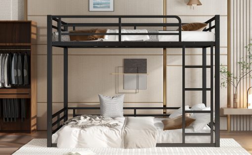 Metal Bunk Bed, Full Xl Over Full Xl Floor Bunk Bed Frame,heavy-duty Bunk Bed For Kids, Teens, Adults, Noise-reduced Design, Black