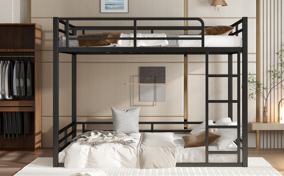 Metal Bunk Bed, Full Xl Over Full Xl Floor Bunk Bed Frame,heavy-duty Bunk Bed For Kids, Teens, Adults, Noise-reduced Design, Black