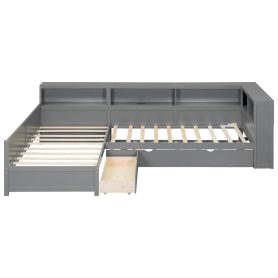 Wood Twin Size L-shaped Platform Bed with Trundle and a Drawer