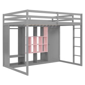 Full Size Wood Loft Bed with Wardrobe, Shelves and Cabinet