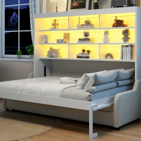 Queen Size Murphy Cabinet Bed with Folding Sofa,Built-in Storage Shelves and LED Light