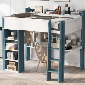 Full Size Wood Loft Bed With Built-in Storage Shelves, Clothes Rails And Desk