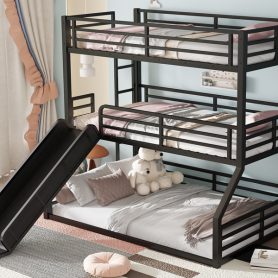 Metal Twin Over Twin Over Full Bunk Bed With Slide and Safety Guardrails