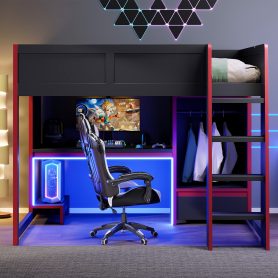 Wood Full Size Gaming Loft Bed With Built-in Desk, Wardrobe, Led And A Drawer