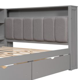 Wood Full Size Platform Bed with Storage Shelves, Drawers, Charging Station, LED, Desk and Upholstered Headboard