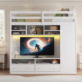 Full Size Loft Bed With Drawers, Shelves And Light