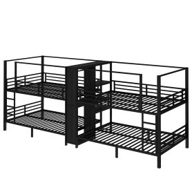 Full Size Quadruple Metal Bunk Bed With Built-in Storage Shelves & Wardrobe