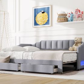 Twin XL Size Extendable Upholstered Daybed with Two Storage Drawers and LED Light