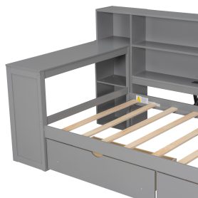 Wood Twin Size Platform Bed with Storage Shelves, Drawers, Charging Station, LED, Desk and Upholstered Headboard