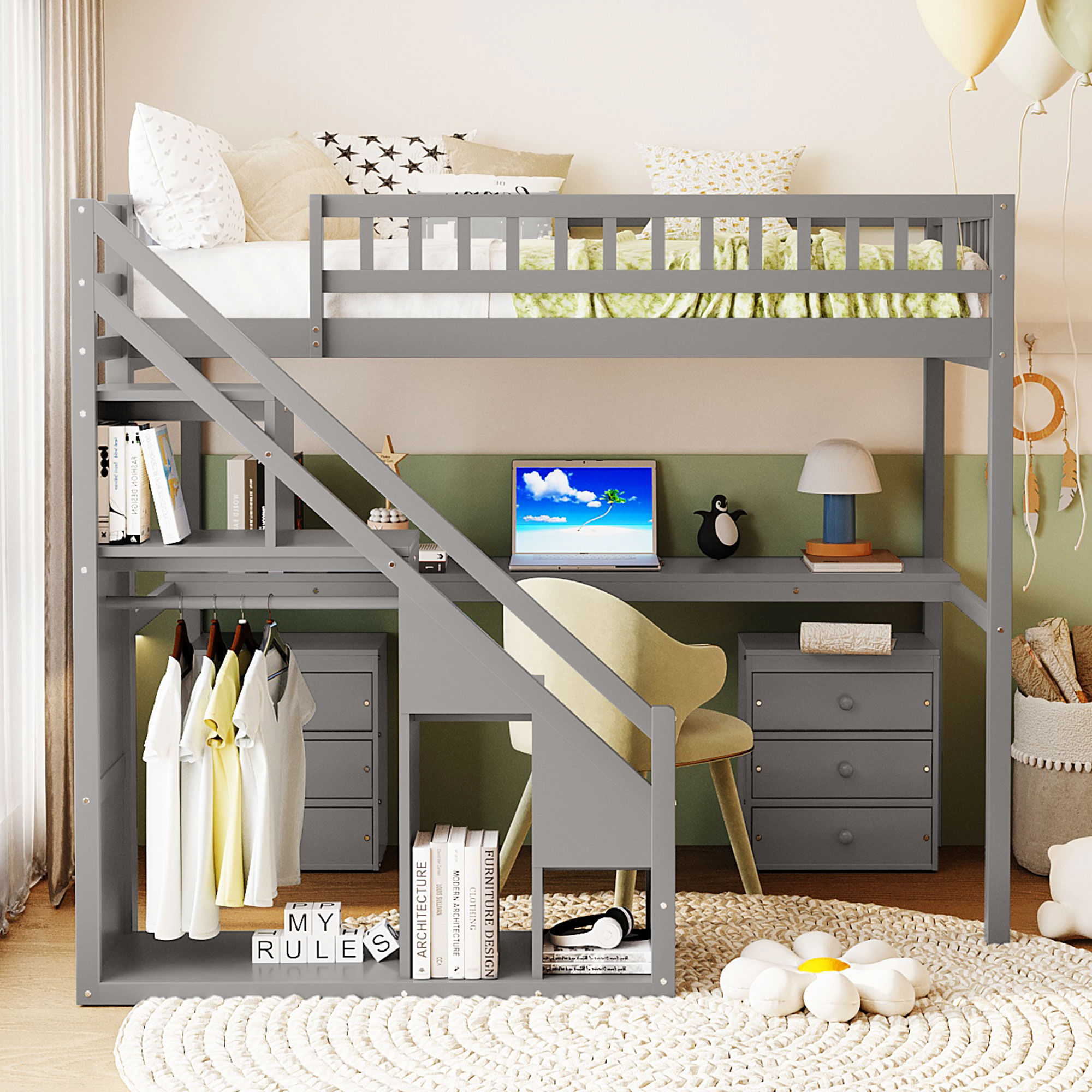 Twin Size Loft Bed With Two Chest Of Drawers, Desk And Light Strip