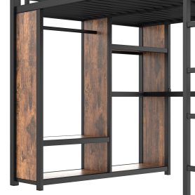 Metal Queen Size Loft Bed Frame with Built-in Wardrobe,  Desk and Storage Shelves