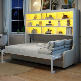 Queen Size Murphy Cabinet Bed with Folding Sofa,Built-in Storage Shelves and LED Light
