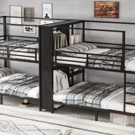 Full Size Quadruple Metal Bunk Bed With Built-in Storage Shelves & Wardrobe