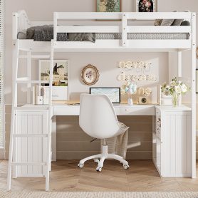 Wooden Twin Size Loft Bed With Drawers, Cabinet, Shelves And Desk 32 Wooden Twin Size Loft Bed With Drawers, Cabinet, Shelves And Desk