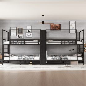 Full Size Quadruple Metal Bunk Bed With Built-in Storage Shelves & Wardrobe