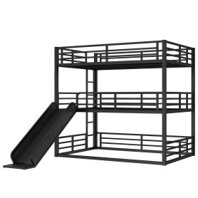 Metal Full Over Full Over Full Bunk Bed With Slide, and Safety Guardrails