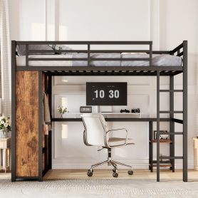 Metal Queen Size Loft Bed Frame with Built-in Wardrobe,  Desk and Storage Shelves