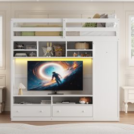 Full Size Loft Bed With Drawers, Shelves And Light