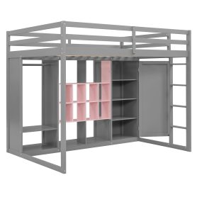 Full Size Wood Loft Bed with Wardrobe, Shelves and Cabinet