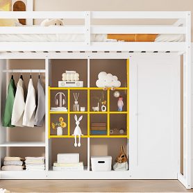 Twin Size Wood Loft Bed With Wardrobe, Shelves And  Cabinet