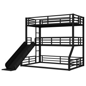 Metal Twin Over Twin Over Full Bunk Bed With Slide and Safety Guardrails