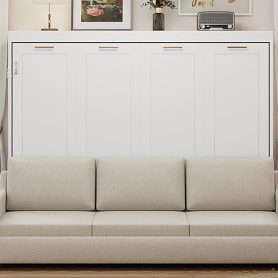 Queen Size Murphy Cabinet Bed with Folding Sofa,Built-in Storage Shelves and LED Light