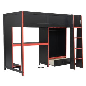 Wood Twin Size Gaming Loft Bed with Built-in Desk, Wardrobe, LED and a Drawer