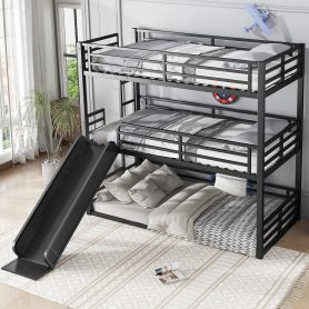 Metal Twin Xl Over Twin Xl Over Twin Xl Bunk Bed With Slide, and Safety Guardrails