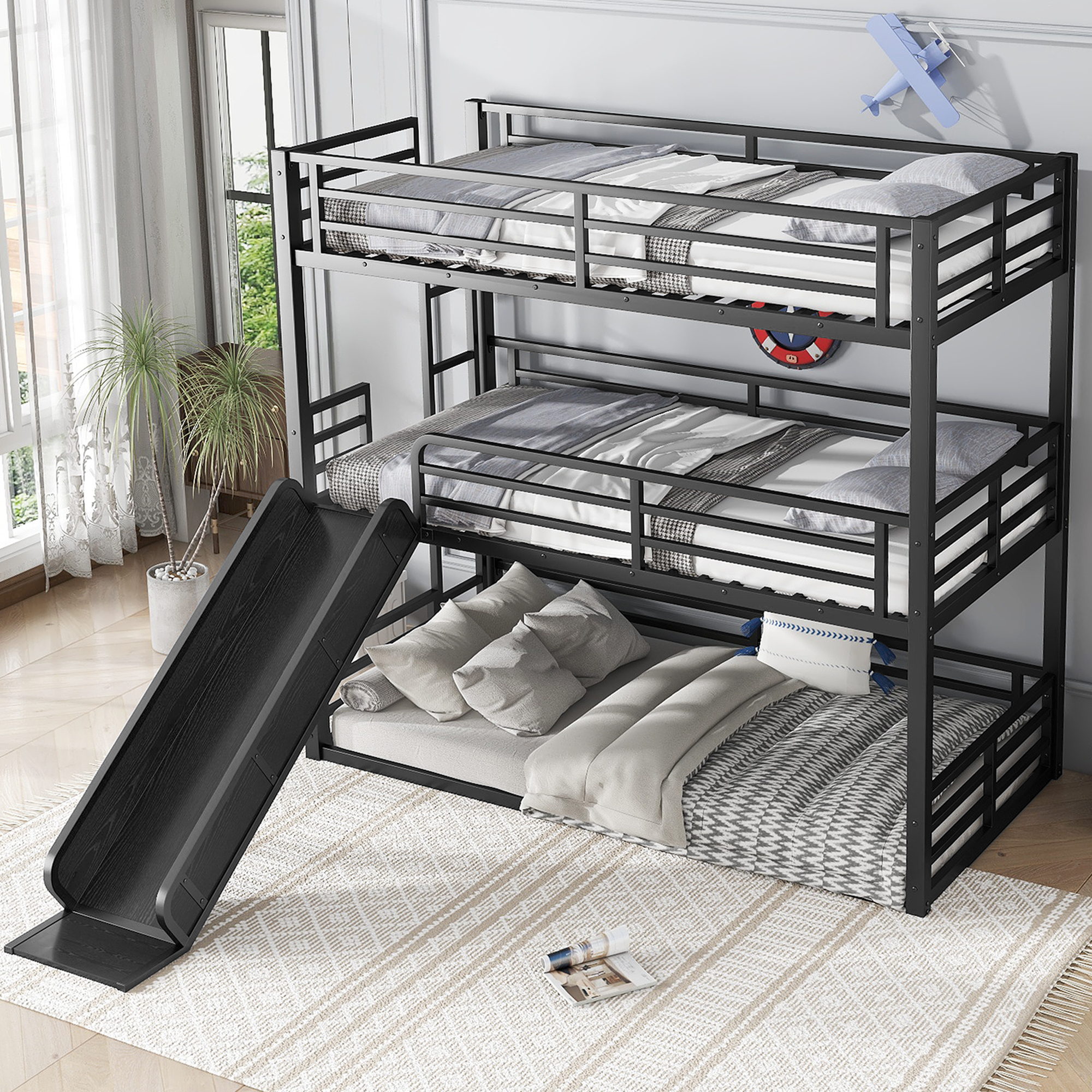 Metal Twin Xl Over Twin Xl Over Twin Xl Bunk Bed With Slide, and Safety Guardrails 4 Metal Twin Xl Over Twin Xl Over Twin Xl Bunk Bed With Slide, and Safety Guardrails