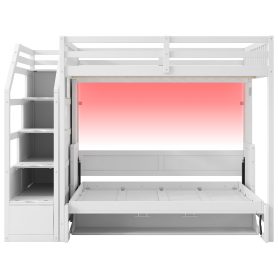 Full Xl Size Loft Bed With Storage Staircase And Full Size Murphy Bed With LED Light