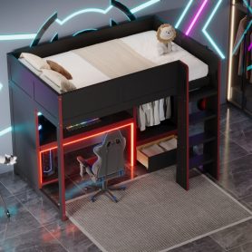 Wood Twin Size Gaming Loft Bed with Built-in Desk, Wardrobe, LED and a Drawer