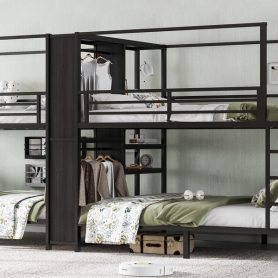 Queen Size Quadruple Metal Bunk Bed With Built-in Storage Shelves & Wardrobe